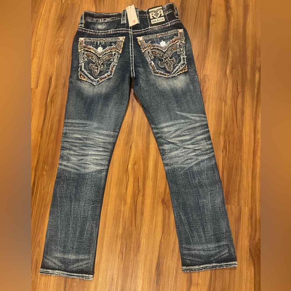 Rock Revival Dark Blue Straight Jeans with Embroidery